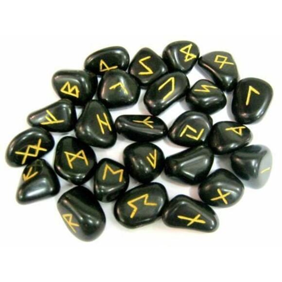 Black Agate Rune Set In Velvet Pouch | Set Of 25 | Divination Tools | Rune Stone - Picture 1 of 1
